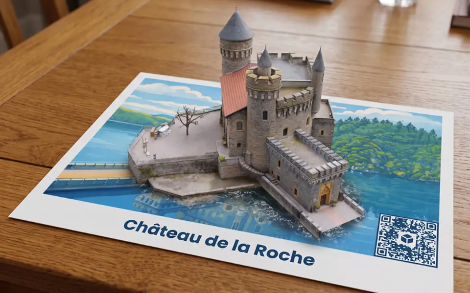 Le Château de la Roche en 3D sur une carte postale, en réalité augmentée
