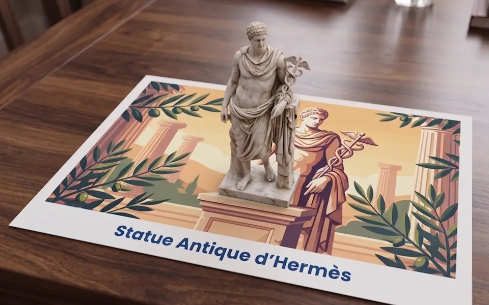Carte postale immersive : statue antique d'Hermès en réalité augmentée