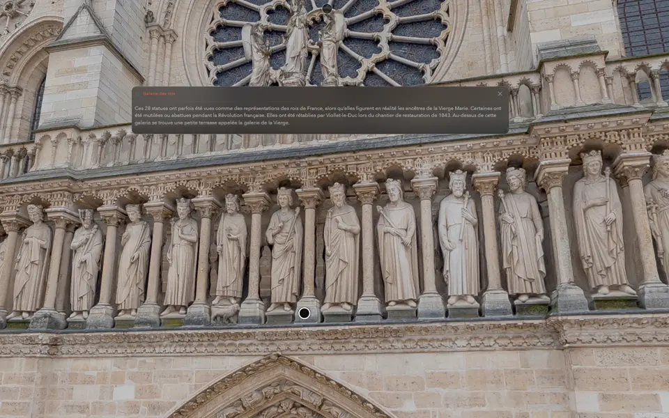 Façade de Notre-Dame de Paris en 3D, avec une annotation sur la galerie des rois
