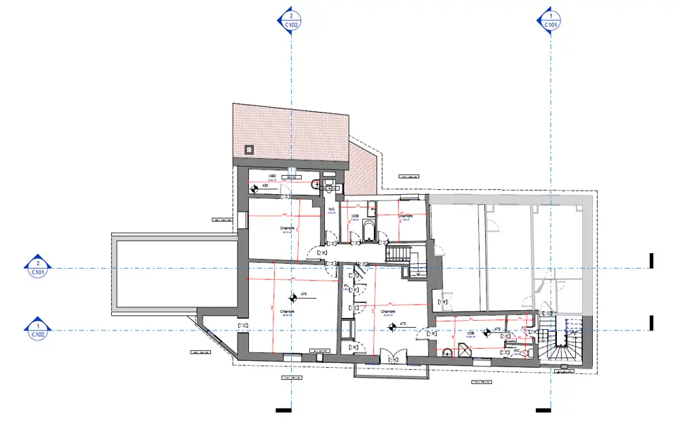 Plan de niveau avec surfaces et cotes, issu du relevé 3D